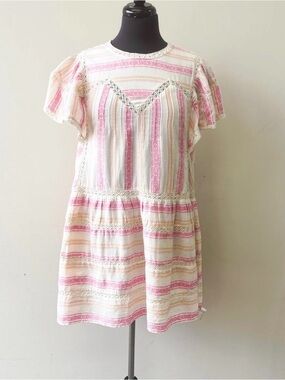 DRA Los Angeles Cream Dress with Pink & Yellow Stripes and Ruffle Sleeves